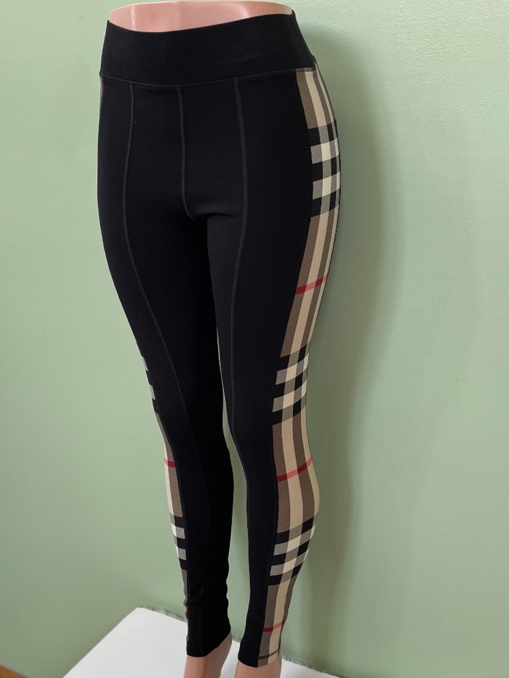 Burberry London Women's Black Nova Check Trim Stretch Jersey Leggings Size S COA